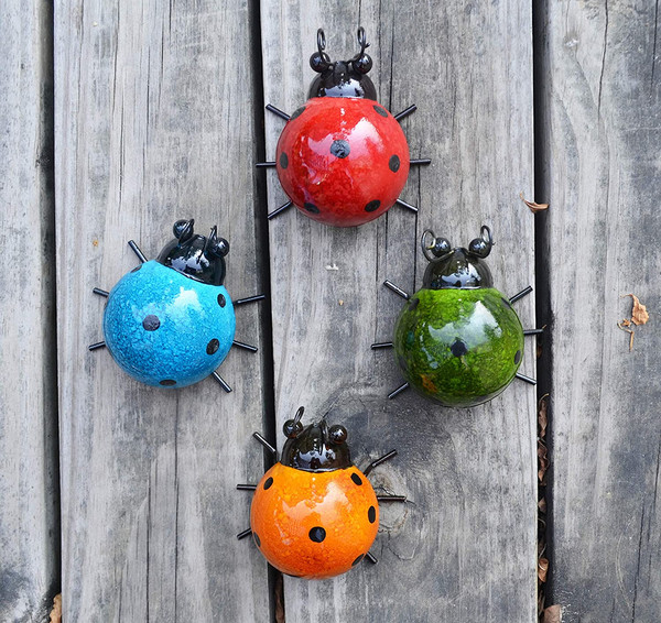 Arte Pared Jardín Metal 5 Pzs Set 4 Mariquitas Exterior Decoración Alta Calidad