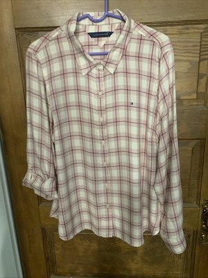 Tommy Hilfiger Womens  Pink Plaid  Long Sleeve Button Down Flannel Shirt Sz Med