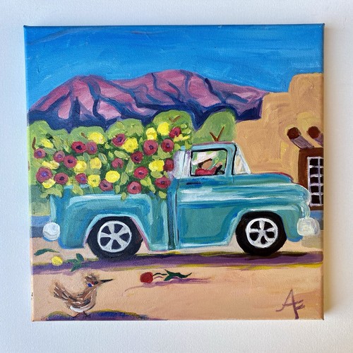 "New Mexico Flower Truck" Original Acryl 12x12" Leinwand ungerahmt Wandbild