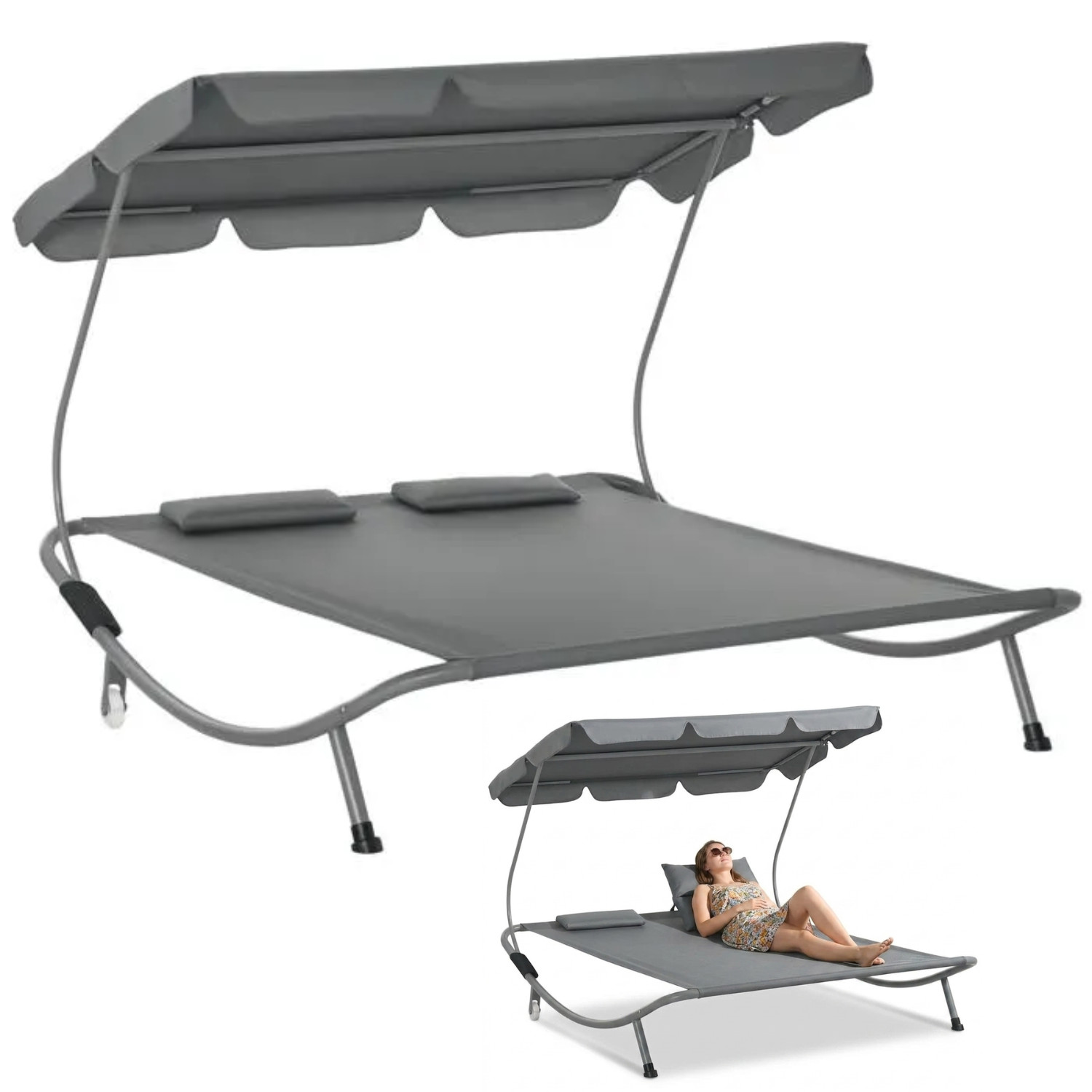 Bain de Soleil 2 Places Gris pour Terrasse et Espace Détente Toit Ajustable