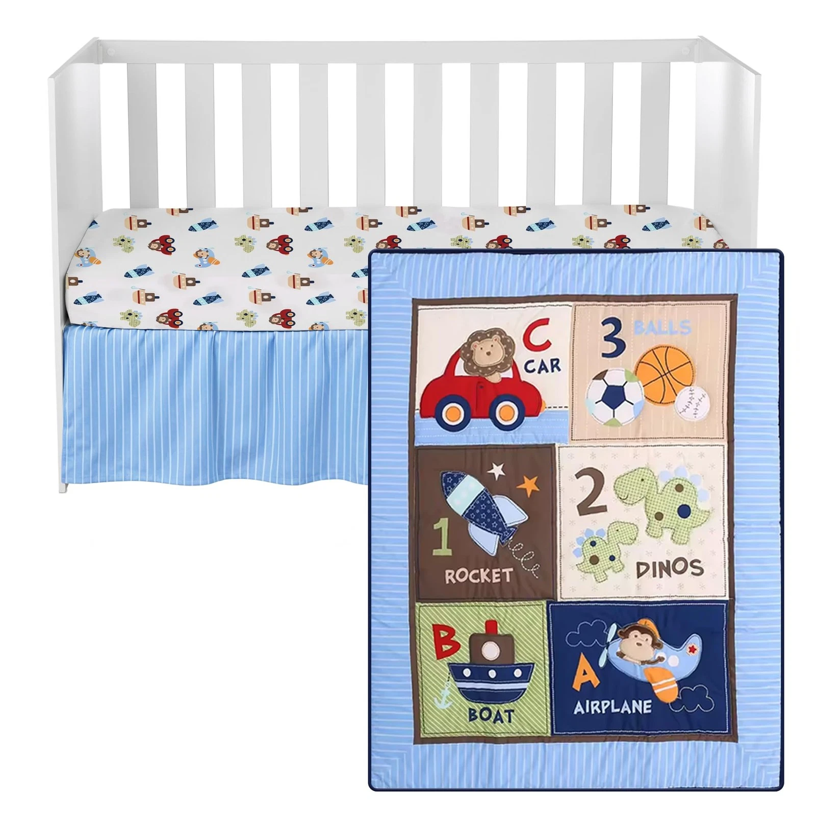 Baby Crib 3-Piece Bedding Set – Light Blue with Safari Animals, Dinosaurs, an...
