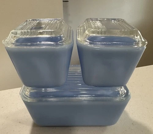 3 Vintage Pyrex Refrigerator Dish Set With Ribbed Lids  Blue - made in Canada