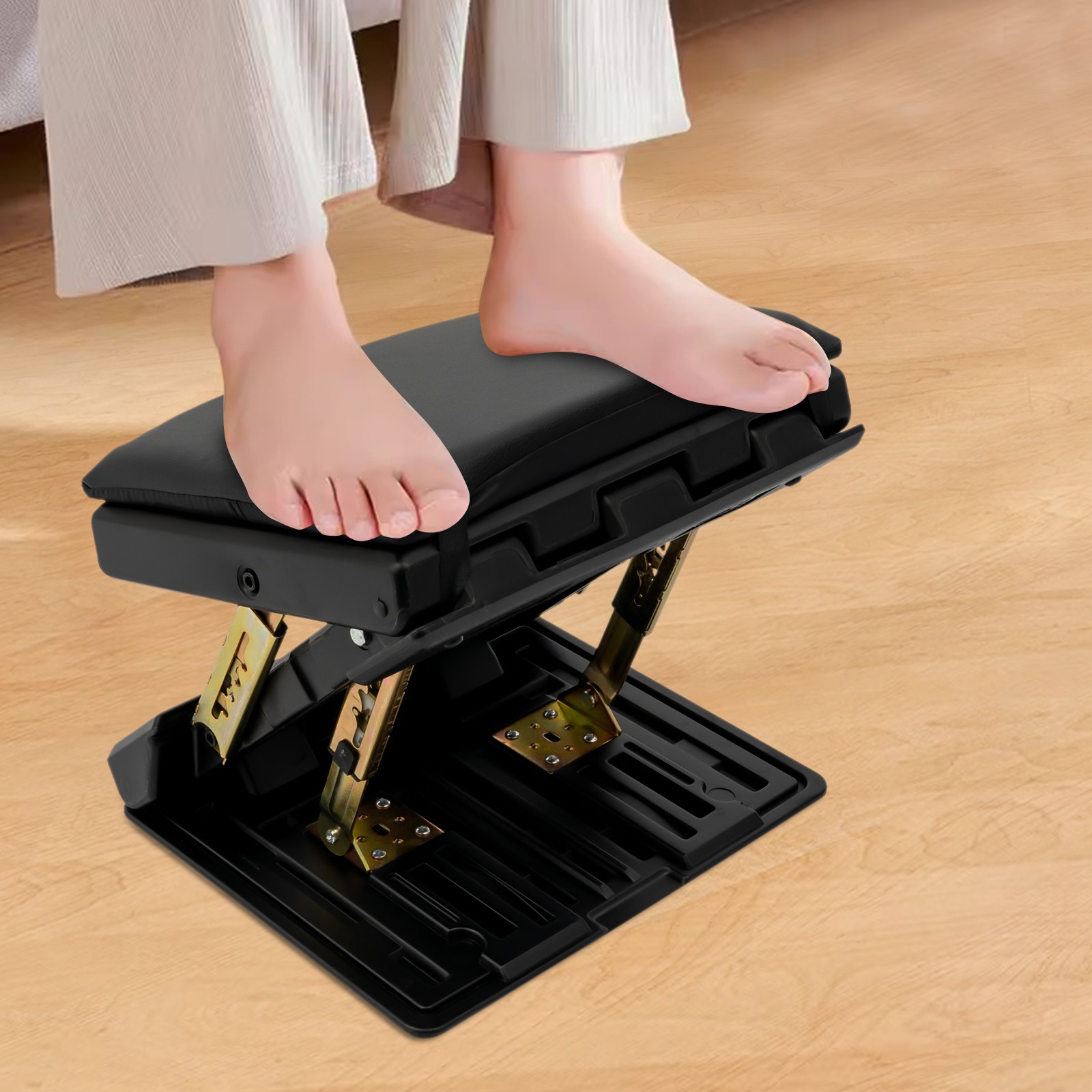4-Level Height Adjustable Footstool PVC leather Soft Foot Rest Pad Ottoman Stool