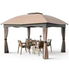 12' x 10' Patio Heavy Duty Steel Gazebo Canopy Double Vented Outdoor Brown