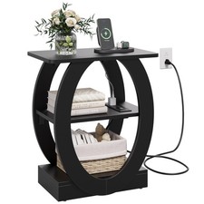 End Table with Charging Station, Black Side Table with USB Ports and Power Ou...
