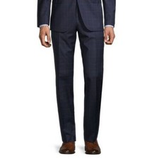 Boss Hugo Men's Dark Blue Check Printed Wool Slim-Fit Dress Pants Size 34x32