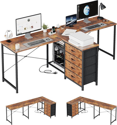 L-Shaped 2-Person Desk with Drawers & Outlet, Adjustable for Any Space, Brown