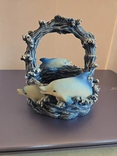 Blue Dolphin Riding the Waves Trinket Basket Bowl w/Handles Porpoise 5.5-6" 1999