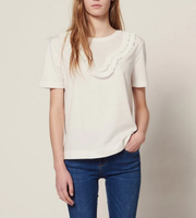 Sandro Shirt Weiß Gr. 40 FR / L Damen T-Shirt Baumwolle Kurzarm T11677E