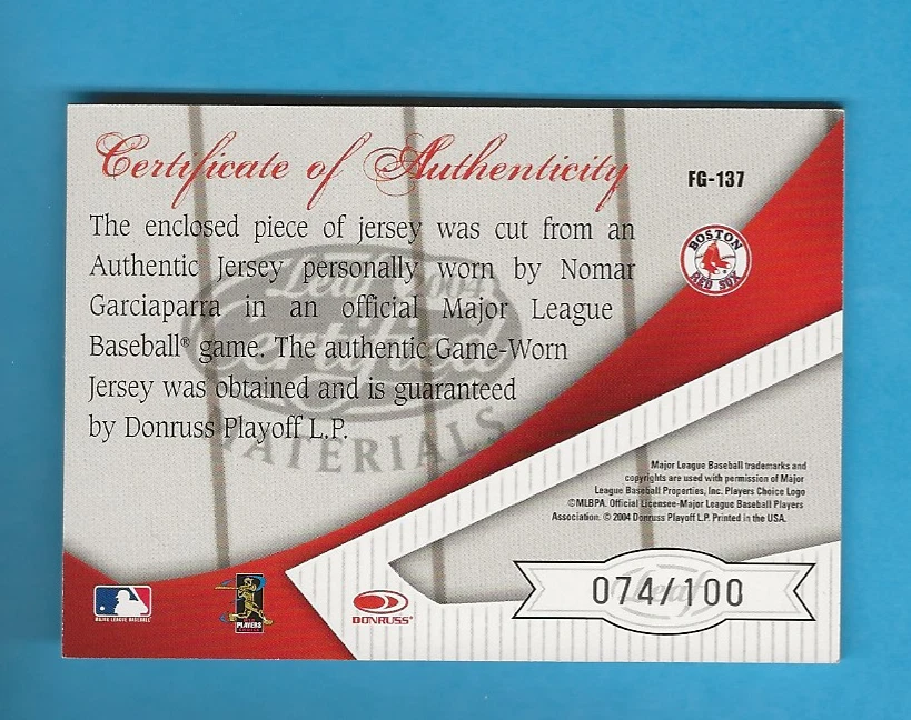 2004 Leaf Certified Materials Fabric of the Game AL/NL Nomar Garciaparra 74/100 - Image 2 of 4