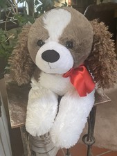 Walmart 23" Lying Plush Puppy Dog Brown White Spaniel, Red Bow Curly Ears