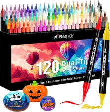 120 Colors Acrylic Paint Markers, Dual Tip Fine Tip and Brush Tip Pens Contain 2