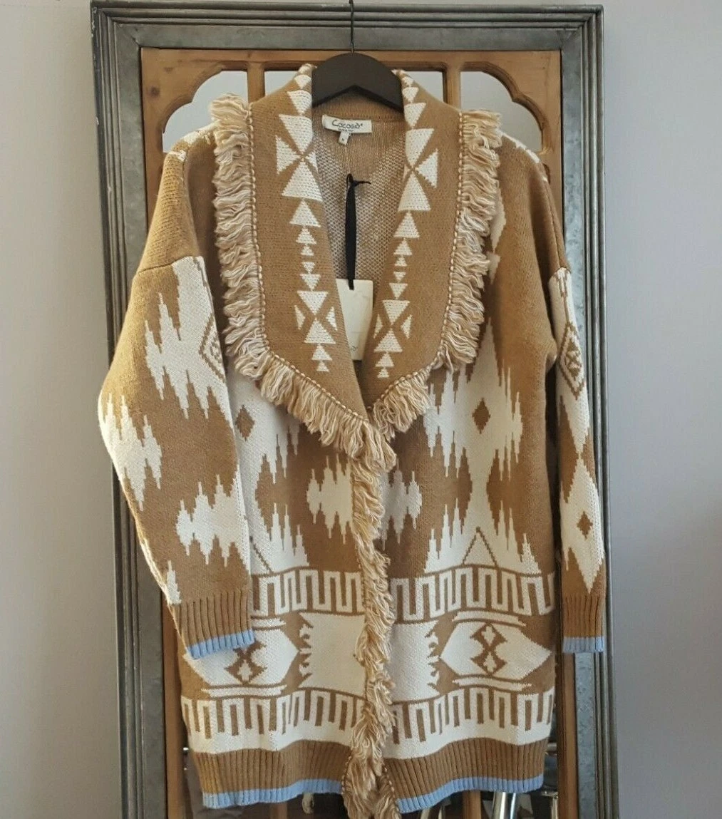 NEW Cocogio Women Italy Aztec Beige Long Fringe Wool Blend