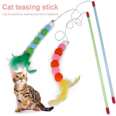 Cat Feather Wand Stick Cat Teaser Kitten Toy Dangle Bell Interactive Play Toys