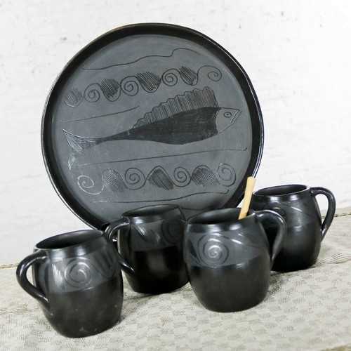 Black Clay Barro Negro Pottery Hot Chocolate Set Oaxaca Mexico Mugs & Fish Tray - 第 1/12 張圖片