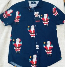 Men's Small S Christmas Button Up Blue Hawaiian Shirt Santa Bell Denim  Flower
