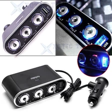 12V Car Cigarette Lighter Splitter 3 Sockets 1 USB Charger Power Adapter Outlet