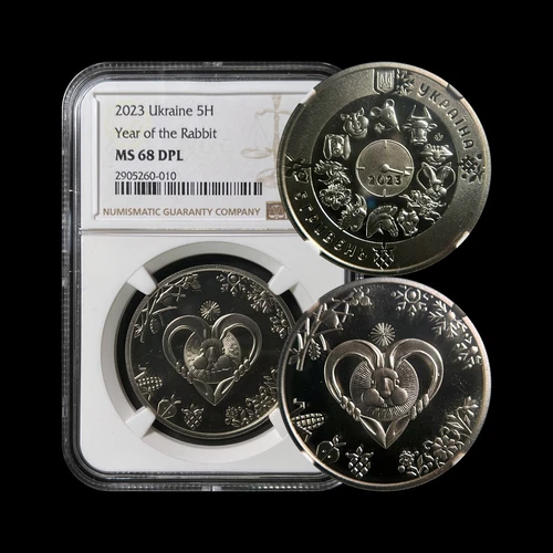 UKRAINE. 2023, 5 Hryven - NGC MS68 - Top Pop 🥇 Lunar Zodiac, Rabbit