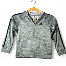 Adias Boy Size Small Gray Black Strips Hoodie Front Pockets Long Sleeves