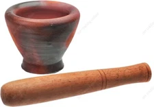 Thai & Laos Grinding Earthenware Clay Mortar with Palm Wooden Pestle (7,8,9,in)