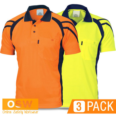 3 x Hi Vis Work Cool Breathe UNIFORM Short Sleeve STRIPE Panel Polo ...