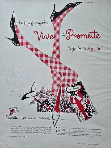 1958 Vive By Promette Women's Shoes Red Plaid Stockings Vintage Fashion Ad 