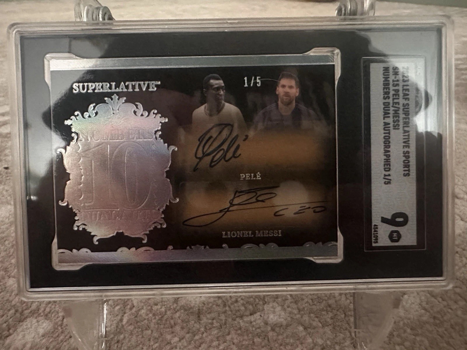 Messi Pele 2023 Leaf Superlative Multi-Sport Numbers Dual Auto 1/5 GOAT Mint 9