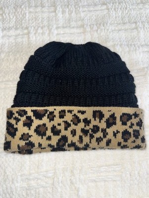 KB Ethos Leopard Print Knit Beanie Hat Black Beige Brown Acrylic One Size Women