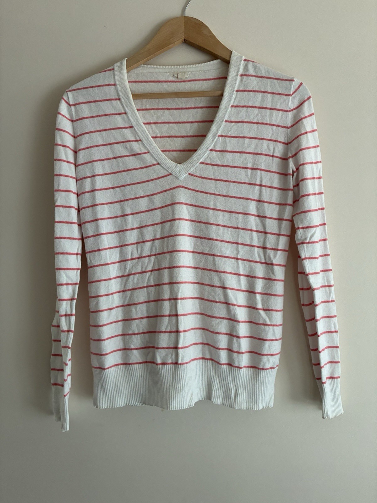 J. Crew Women's Striped 100% Cotton Rib-Knit V-Neck Long Sleeve Sweater Cream S
