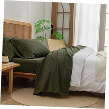 Sheet Set 100 Washed Cotton Linen Feel Super Soft Queen Olive Green
