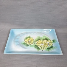 Vintage Large Ashtray Rectangular Light Blue With Yellow Daisies JAPAN 10"x 6"