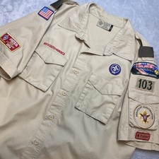 Boy Scouts of America BSA Mens Shirt Size L Tan Sewn Patches Short Sleeve USA
