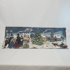 VTG Christmas Winter Carolers Snow Village Table Runner Tapestry 31 X 12