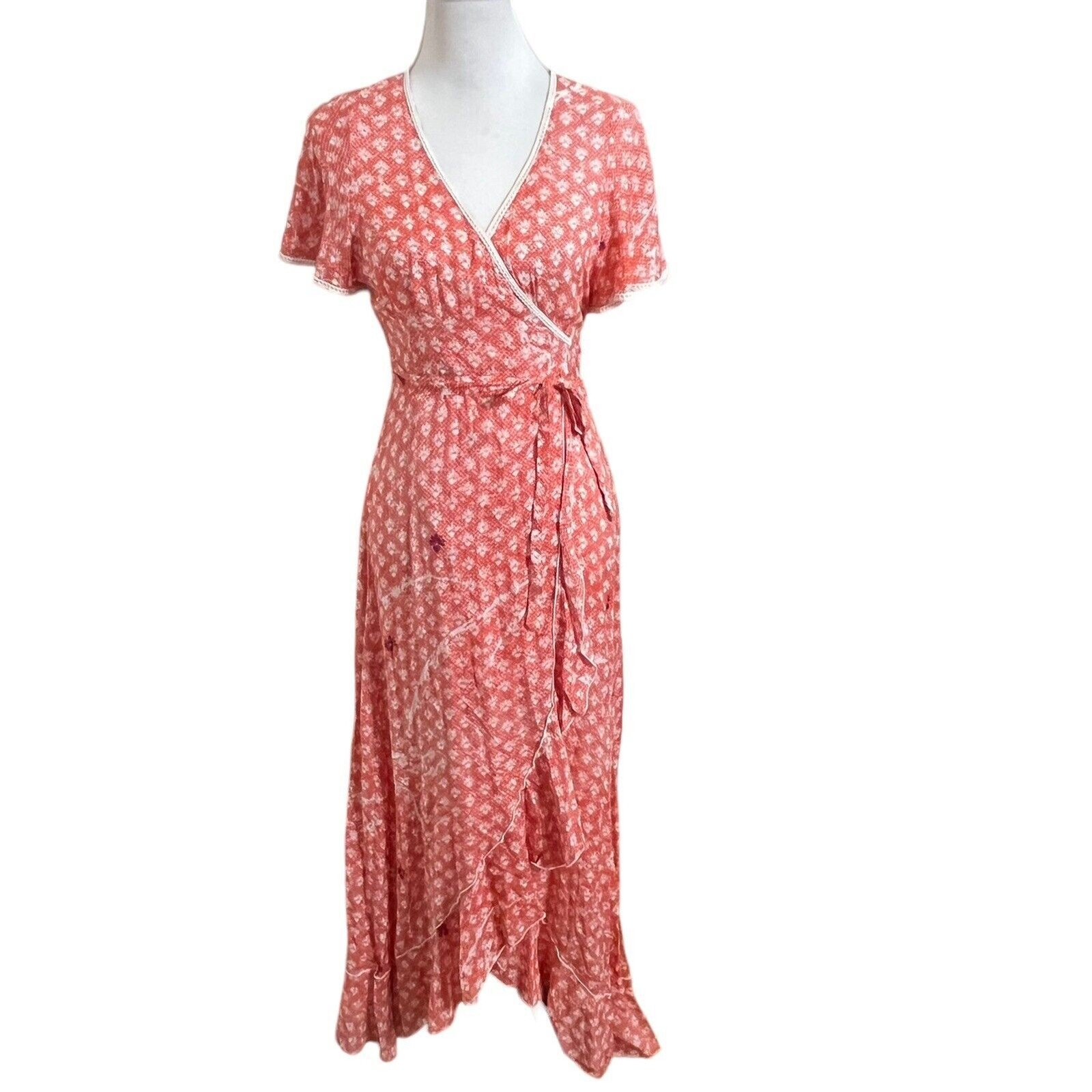 Poupette St Barth Joe Wrap Maxi Dress Orange Floral Ruffle Women’s Size Small