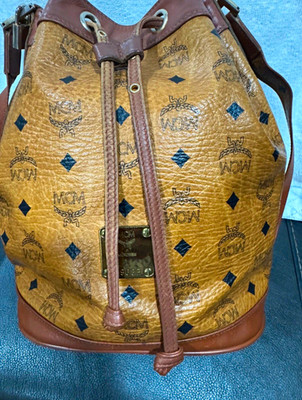MCM Women s Brown/Black Monogram Drawstring Bucket Bag Padlock Gold Hardware
