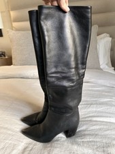 Prada Black Leather Knee High Pointed Toe Pull On Boots 1W879I Size 36.5