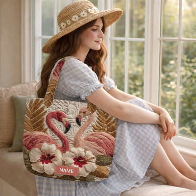 Personalized Flamingo Quilted Tote Bag Quilt Shoulder Bag For Flamingo Lovers