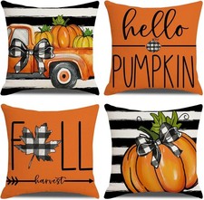 Fall Throw Pillow Covers for Home Strip Pumpkin Pillowcase 18x18 Set of 4