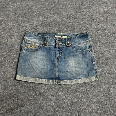 Jolt Denim Skirt Womens Size 11 Blue Low Rise Mini Embroidered Pockets Y2K Retro