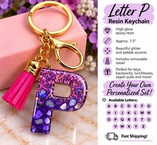 Letter P Resin Keychain Purple Gemstone Pebble Pink Tassel Gold Initial