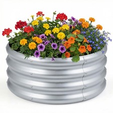 Galvanized Raised Garden Bed, Round Outdoor Planter Box with Open-Ended Base