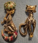 2 Vintage Cat Brooches pins marked Spain Damascene umbrella Costume jewelry