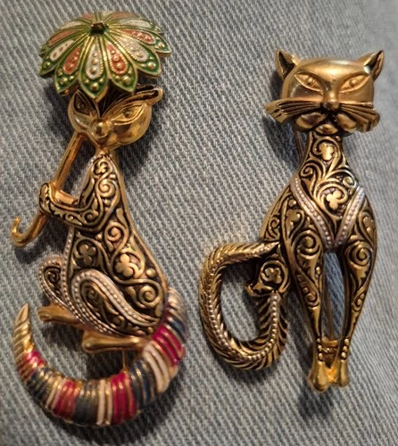 2 Vintage Cat Brooches pins marked Spain Damascene umbrella Costume jewelry