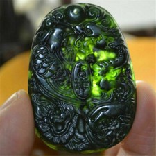Chinese Black Green Jade Hand Carved Dragon Phoenix Pendant Necklace Amulet Gift