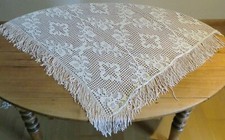 Tischdecke 120x150 cremefarben 50er Webdecke Muster grob Fransen Baumwolle MS76