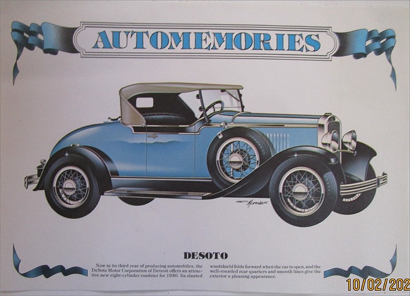 1930 Desoto Roadster car calendar print (blue & black, white top)