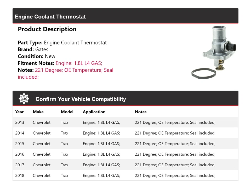Para Chevrolet Trax 2013-2018 1,8 L L4 motor gas refrigerante termostato puertas 2014 Foto 2 de 4