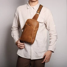 Men's Leather Sling Bag Retro Chest Pack for Travel Crossbody Backpack