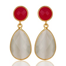 Pink Chalcedony White Moonstone 925 Sterling Silver Drop Earrings Jewelry