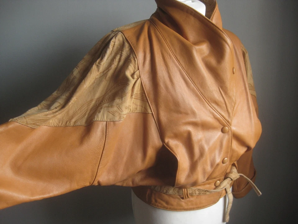 NEW WAVE LEATHER JACKET 8 10 80s 90s retro bomber biker soft cropped belt SARDAR